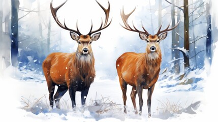 Captivating watercolor painting of two deer in an enchanting winter forest scene