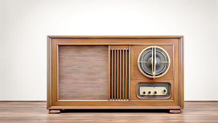 Retro vintage radio.   old 60s style song player.   speaker and receiver on wood. Knobs and frequency tuner, front view