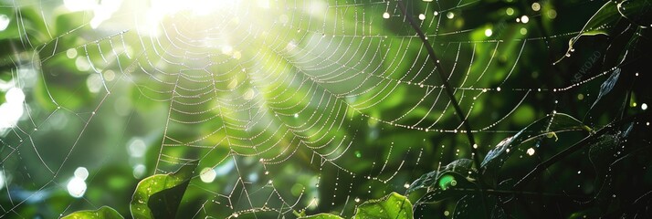 Canvas Print - Sunshine on a Spiderweb in the Forest Garden After the Rainfall