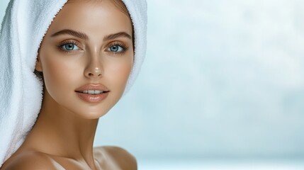 Semi close-up of woman with towel on head, natural beauty and relaxed expression, spa setting, beauty and skincare concept, background with copy space, more clarity with clear light and sharp focus,