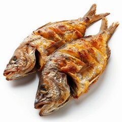 Two whole grilled fish on a white background.  A healthy and delicious meal.