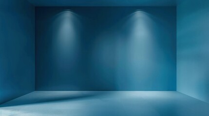 An empty blue room with a minimalist design, featuring a spotlight effect on the wall and creating a calm, quiet ambiance.