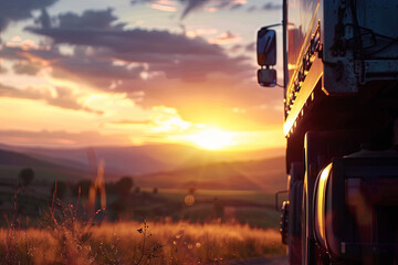 Wall Mural - Cargo truck driving through a landscape at sunset