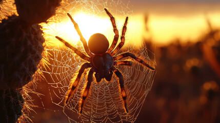 Wall Mural - Tarantula building a silk web between desert cacti, sunset time