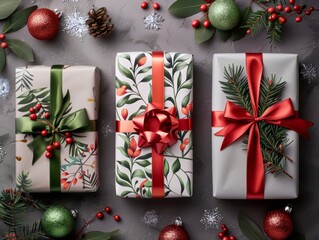 Festive gift boxes wrapped in elegant paper with vibrant ribbons and holiday decorations create a cheerful atmosphere.