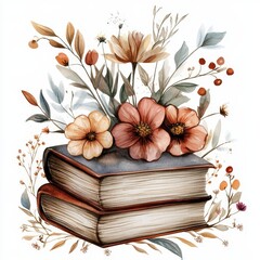 Two books with flowers and foliage illustration art