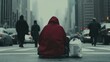 © Aleksandra - A powerful and emotional portrayal of a homeless person sitting on a city street with passersby walking by highlighting the issue of poverty and societal indifference