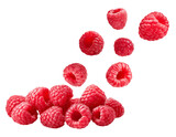Himbeeren fallend isoliert auf weißen Hintergrund, Freisteller, Transparent 