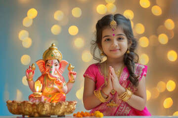 Poster - Indian cute girl wearing pink colour dress and prayer, and side table top a big colourful and beautiful lord Ganesha statue. on light bokeh background.