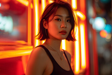 A woman with a short haircut stands in front of a neon sign