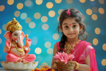 Wall Mural - Indian cute girl wearing pink colour dress and prayer, and side table top a big colourful and beautiful lord Ganesha statue. on light bokeh background.