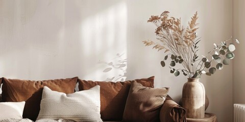 Wall Mural - Boho Chic Living Room with Brown Couch and Eucalyptus Branch in Ceramic Vase