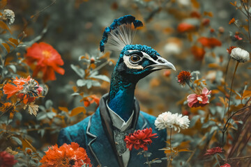 Sticker - A peacock in a suit surrounded by flowers