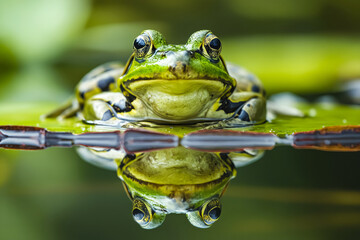 A green frog sitting on top of a leaf in a pond