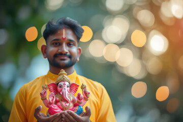 Wall Mural - Young indian man in traditional wear holding lord ganesha sculpture in hand