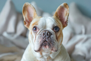 Poster - A french bulldog sitting on a bed looking at the camera