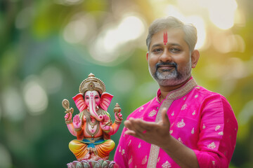 Wall Mural - Senior indian man holding lord ganesha sculpture