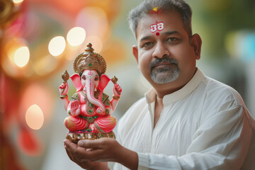 Wall Mural - Senior indian man holding lord ganesha sculpture