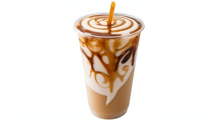 Wall Mural - Iced caramel macchiato in a plastic cup, showing the beautiful swirls of coffee, milk, and caramel isolated