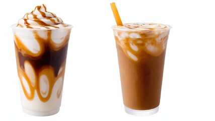 Wall Mural - Iced caramel macchiato in a plastic cup, showing the beautiful swirls of coffee, milk, and caramel isolated