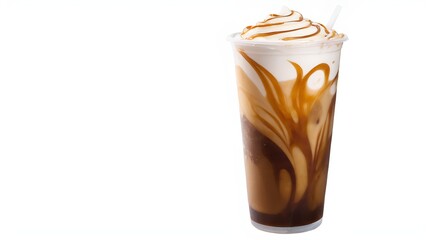 Wall Mural - Iced caramel macchiato in a plastic cup, showing the beautiful swirls of coffee, milk, and caramel isolated