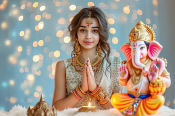 Sticker - young Indian woman wearing cream colour dress and prayer, and side table a big colourful and beautiful lord Ganesha statue.