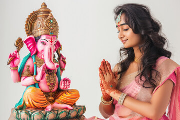 Poster - Indian cute girl wearing traditional white color dress and prayer, and side table top a big colourful and beautiful lord Ganesha statue.