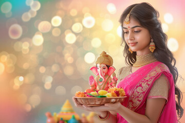 Poster - Young indian woman holding lord ganesha sculpture.