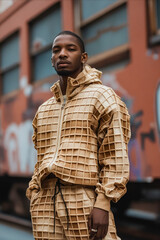 Canvas Print - A man standing in front of a graffiti covered building