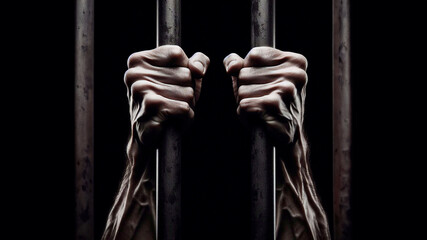 Wall Mural - Hands of prisoner man on bars close up isolated on black background