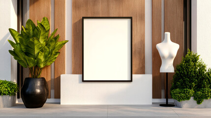 A modern display featuring a blank frame, mannequin, and decorative plants, perfect for art or fashion showcases.