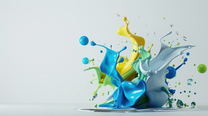 Abstract 3D Illustration of Blue, Green, Yellow, and White Paint Splashes