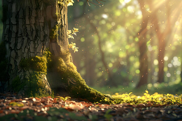 Sticker - Close up of a tree trunk with moss and sunlight shining through the leaves.