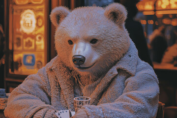 Animal Bear plays poker blackjack in a casino, fantasy