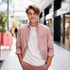 Wall Mural - A man in a pink jacket and white pants is smiling for the camera