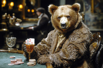 Animal Bear plays poker blackjack in a casino, fantasy