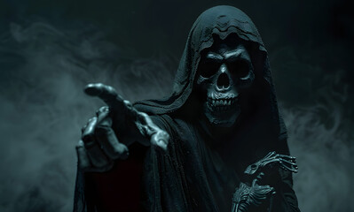 Wall Mural - Grim reaper reaching towards the camera over dark background with copy space