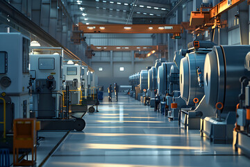 A large industrial factory interior with rows of heavy machinery, a view of overhead cranes, and two figures in the distance.