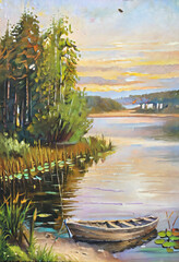 Wall Mural - Tranquil Sunset Landscape with Rowboat.