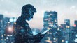 © MUdaylah - Double Exposure Image of Business Person on modern city background. Future business and communication technology concept. whut generative ai