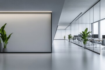 Wall Mural - A minimalist modern office with glass walls, white concrete floors and grey furniture.