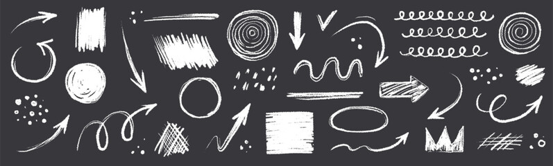 Poster - Arrow line chalk hand drawn brush vector set. Grunge square, spiral, arrow element scribble line brush hand drawn sketch design. Grunge abstract chalk, crayon pencil style. Vector illustration.