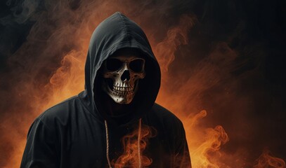 Wall Mural - Mysterious hooded figure with a skull face surrounded by orange smoke on a dark background, concept of horror and fantasy