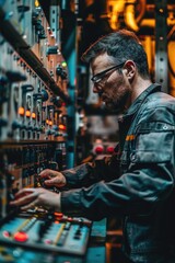 Wall Mural - Worker using tools and machines in a busy factory setting