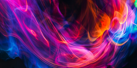 Sticker - Vivid Neon Light Trails on Dark Background, Abstract Colorful Fluid Motion