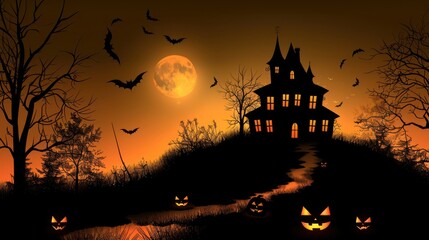 Wall Mural - a spooky halloween background showcasing a haunted house on a hill, silhouetted against a full moon,