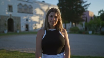 Wall Mural - A young hispanic woman stands outdoors in front of a beautiful villa in puglia, italy, wearing casual clothing and enjoying the serene evening ambiance.