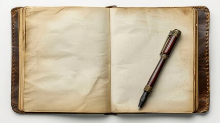 Open vintage notebook with aged paper next to an old fountain pen, perfect for writing and journaling enthusiasts.