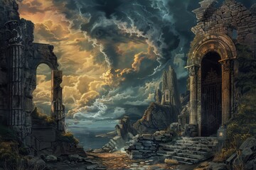 Wall Mural - Ruins of an ancient city with a view of the sea and a stormy sky