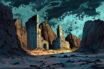 Wall Mural - a lone crescent moon hangs over the ruins of an ancient city in a barren landscape